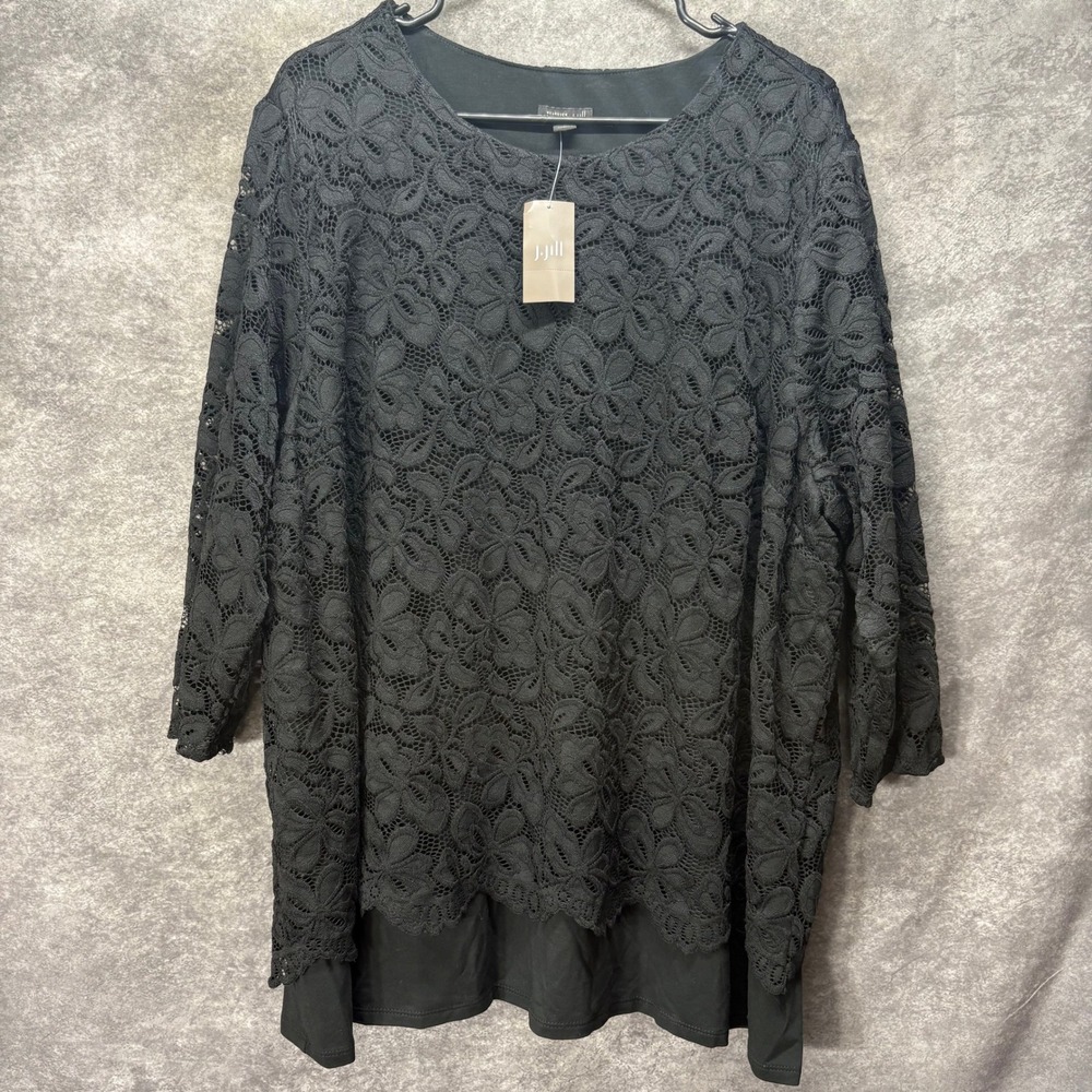 J. Jill Wearever Black Floral Lace Layered Tunic Top Size 3X 3/4 Sleeve NEW